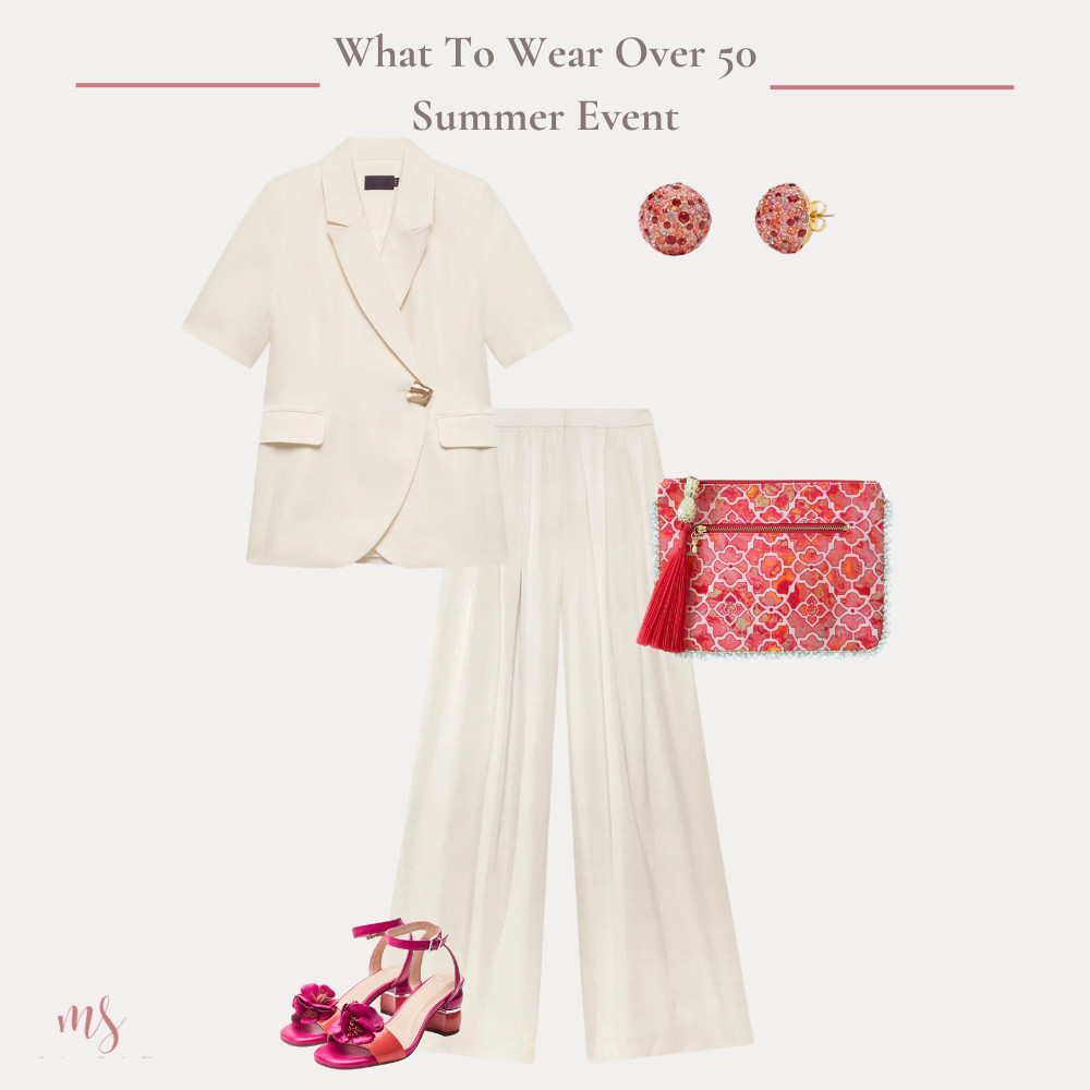 Event outfit - ivory trouser suit with wide leg trousers wrap style jacket and pink and orange ix accessories 

 #LTKuk #LTKover50style #LTKstyletip