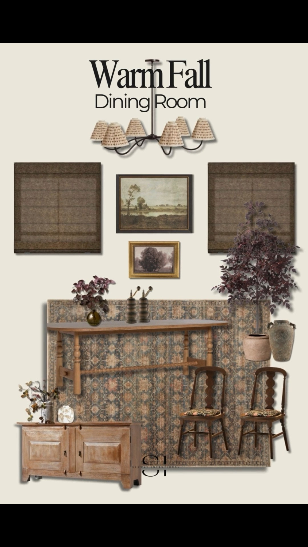 This dining room is dressed for fall in the coziest way! The patterned rug grounds the space with rich, warm tones while layered artwork and classic spindle-leg console bring in vintage charm. I paired rustic dining chairs with cushioned seats, earthy pottery, and leafy fall branches for that collected feel. The chandelier with patterned shades adds just the right touch of character. This whole look feels warm, timeless, and ready for autumn gatherings.

#LTKHome