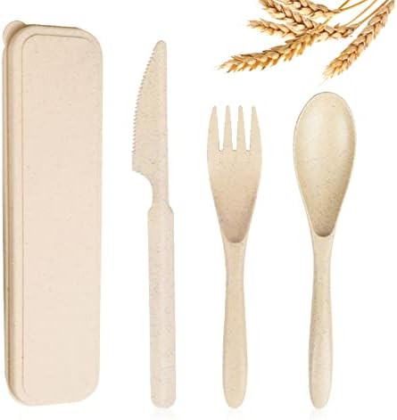 Reusable Travel Utensils Set with Case, Beige Wheat Straw Portable Knife Fork Spoons Tableware, E... | Amazon (US)