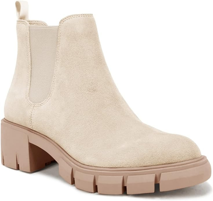 Juliet Holy Womens Lug Sole Platform Ankle Booties Chelsea Slip on Chunky Block Heel Leather Comb... | Amazon (US)