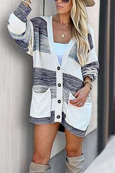 PRETTYGARDEN Women's Color Block Cardigan Long Sleeve Open Front Button Down Knit Sweater Coat wi... | Amazon (US)