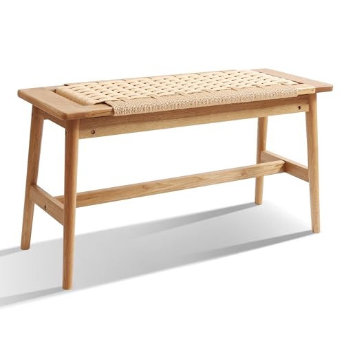 OGMILL 33.5" L Wood Dining Bench Indoor, 100% Natural Solid Oak Bed Bench Hand Woven Enterway Bench Small Bench for Dining Room, Bedroom, Kitchen (Natural) | Amazon (US)