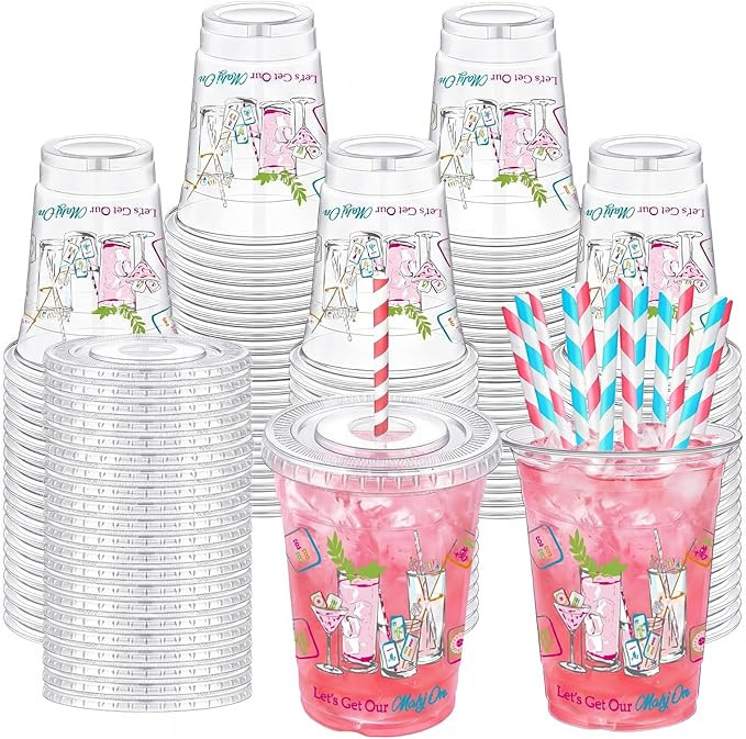 60 Sets Mahjong Plastic Cups with Lids and Straws 12 oz Pink Mahjong Disposable Party Plastic Cup... | Amazon (US)