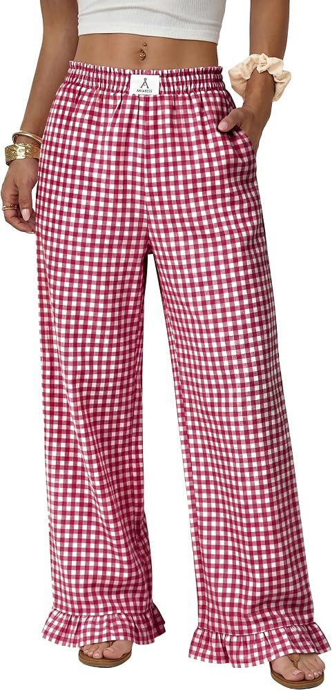 ANRABESS Womens Gingham Ruffle Hem Pants | Amazon (US)