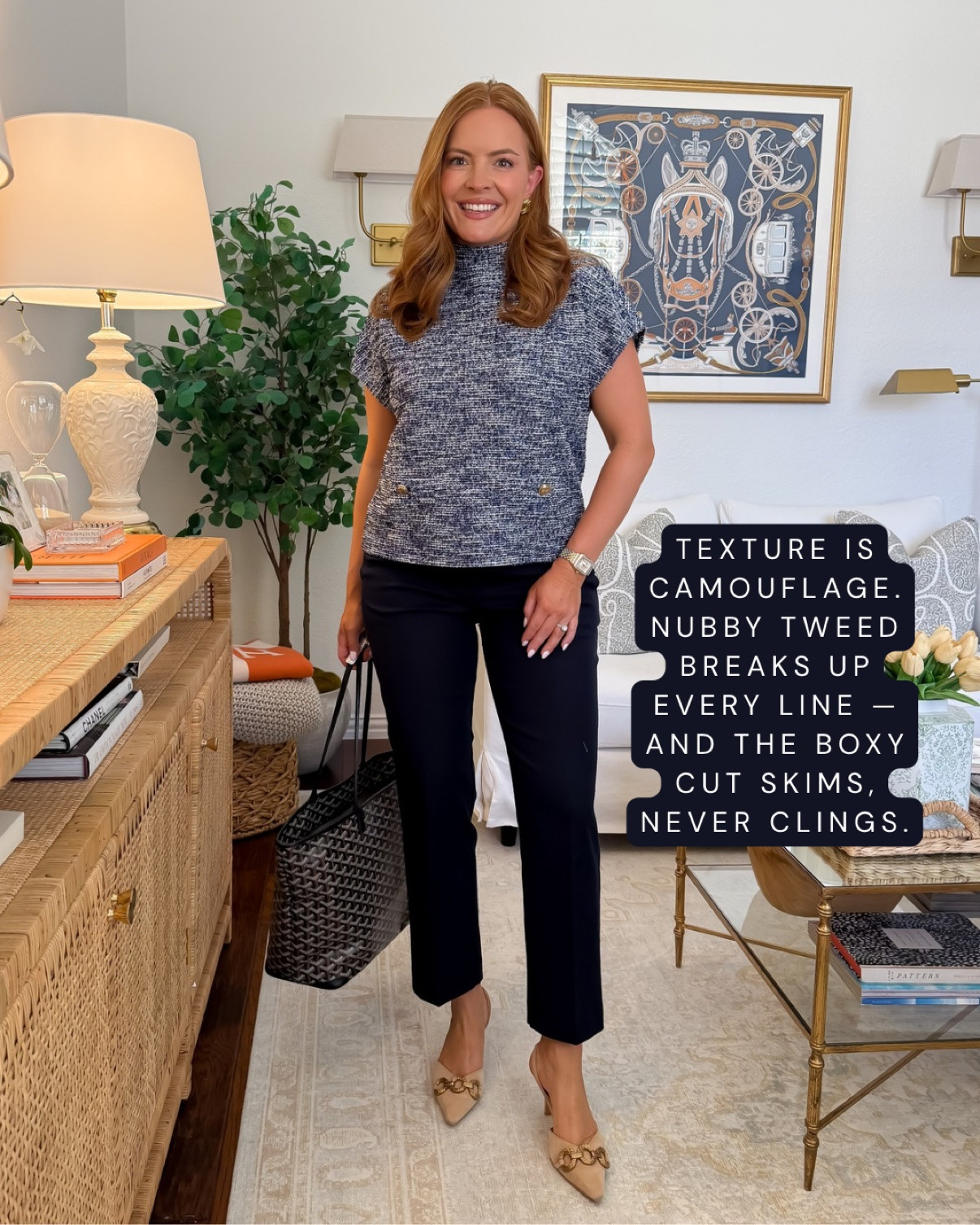 Wearing small in the top, 6 in the pants
Texture is camouflage 🤍 Nubby tweed breaks up every line while the boxy cut skims (never clings) over the stomach. A polished mom-pooch-friendly fall work outfit. Office outfits for moms, tweed top.
#FallWorkwear #MomStyle #OfficeOutfits #TweedTop

#LTKWorkwear #LTKgrwm #LTKmomlife