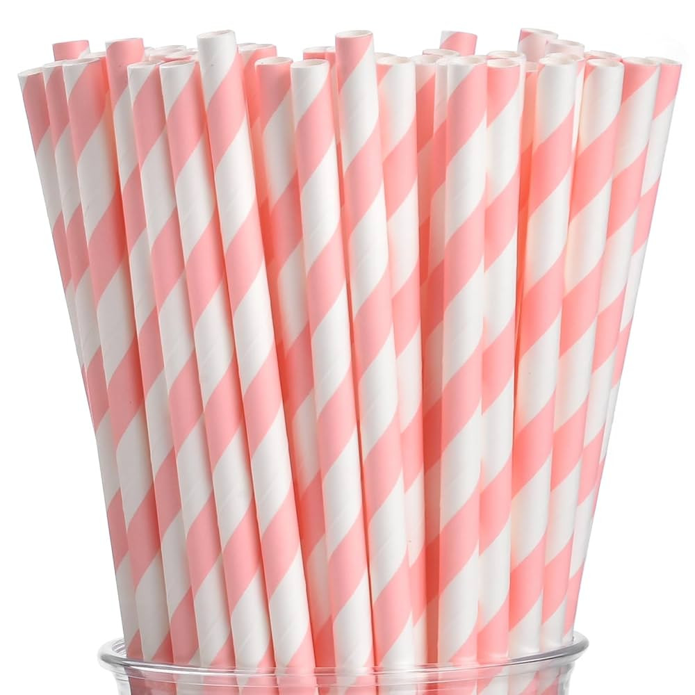 ALINK 100 Pink and White Striped Paper Straws, Biodegradable Disposable Drinking Straws for Chris... | Amazon (US)