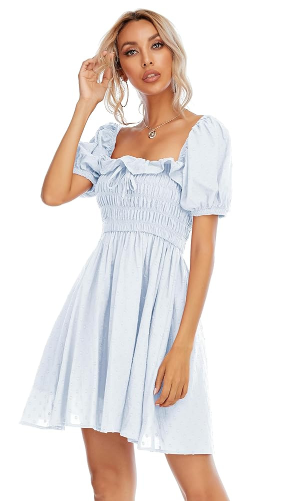 R.Vivimos Women's Summer Cotton Short Sleeve Square Neck Elastic Smocked Ruffle Floral Print Swin... | Amazon (US)