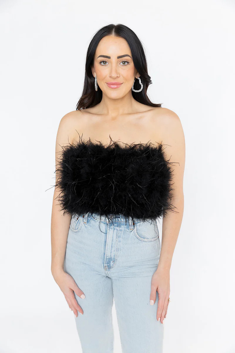 Fancy Strapless Feather Crop Top - Black | BuddyLove
