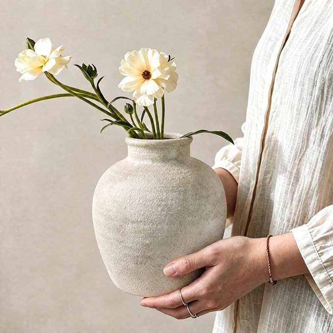 DomeStar Small Ceramic Flower Vase, 6.7 Inch Wabi-Sabi Stone Texture, Beige | Vintage Vase, Rusti... | Amazon (US)