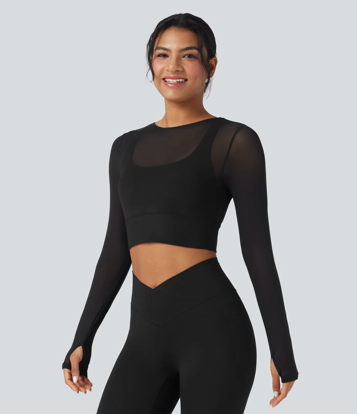 Contrast Mesh Long Sleeve Thumb Hole 2-in-1 Cropped Yoga Sports Top | HALARA