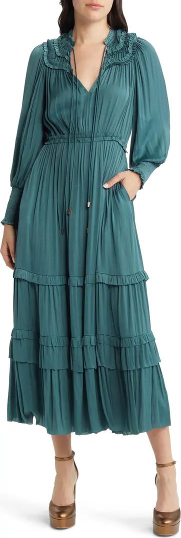 MOON RIVER Long Sleeve Crinkle Satin Tiered Maxi Dress | Nordstrom | Nordstrom