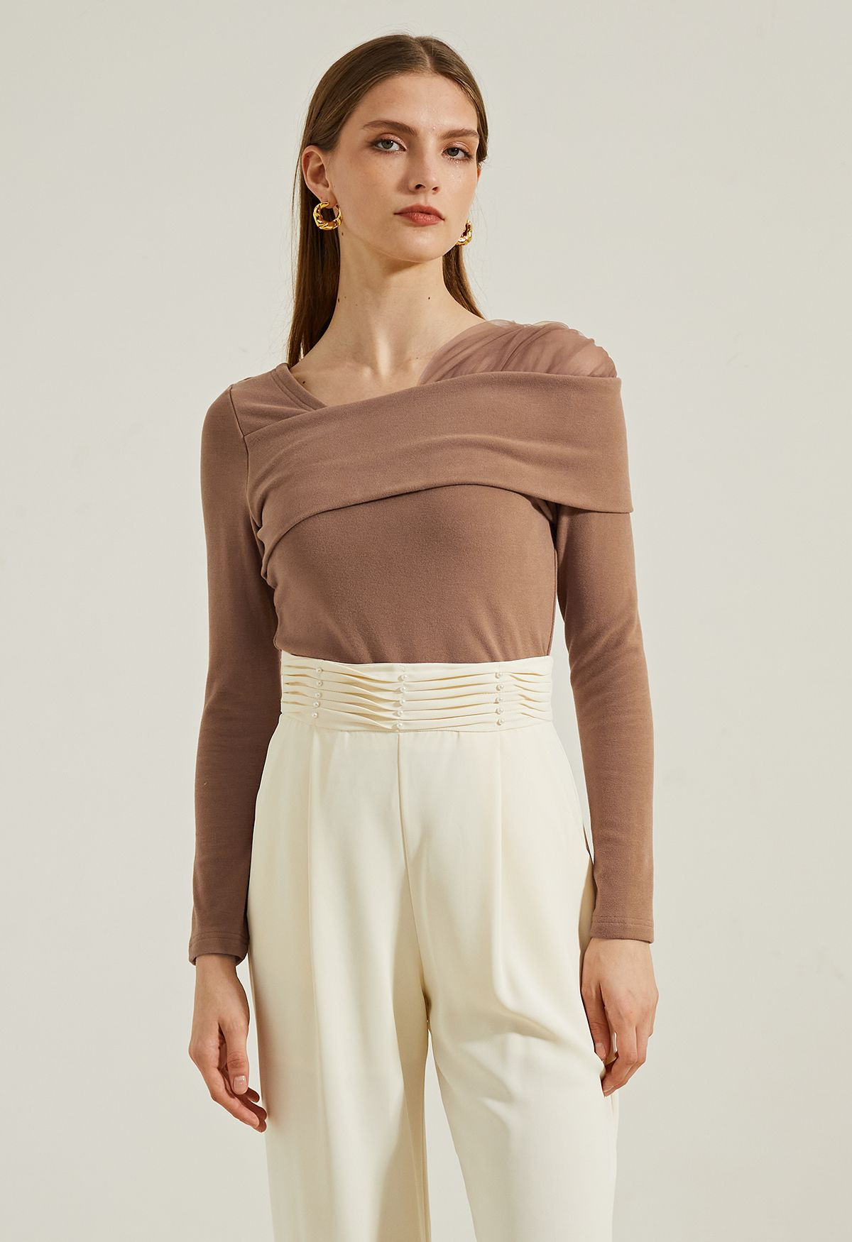 Asymmetric Mesh Folded Shoulder Top in Tan | Chicwish
