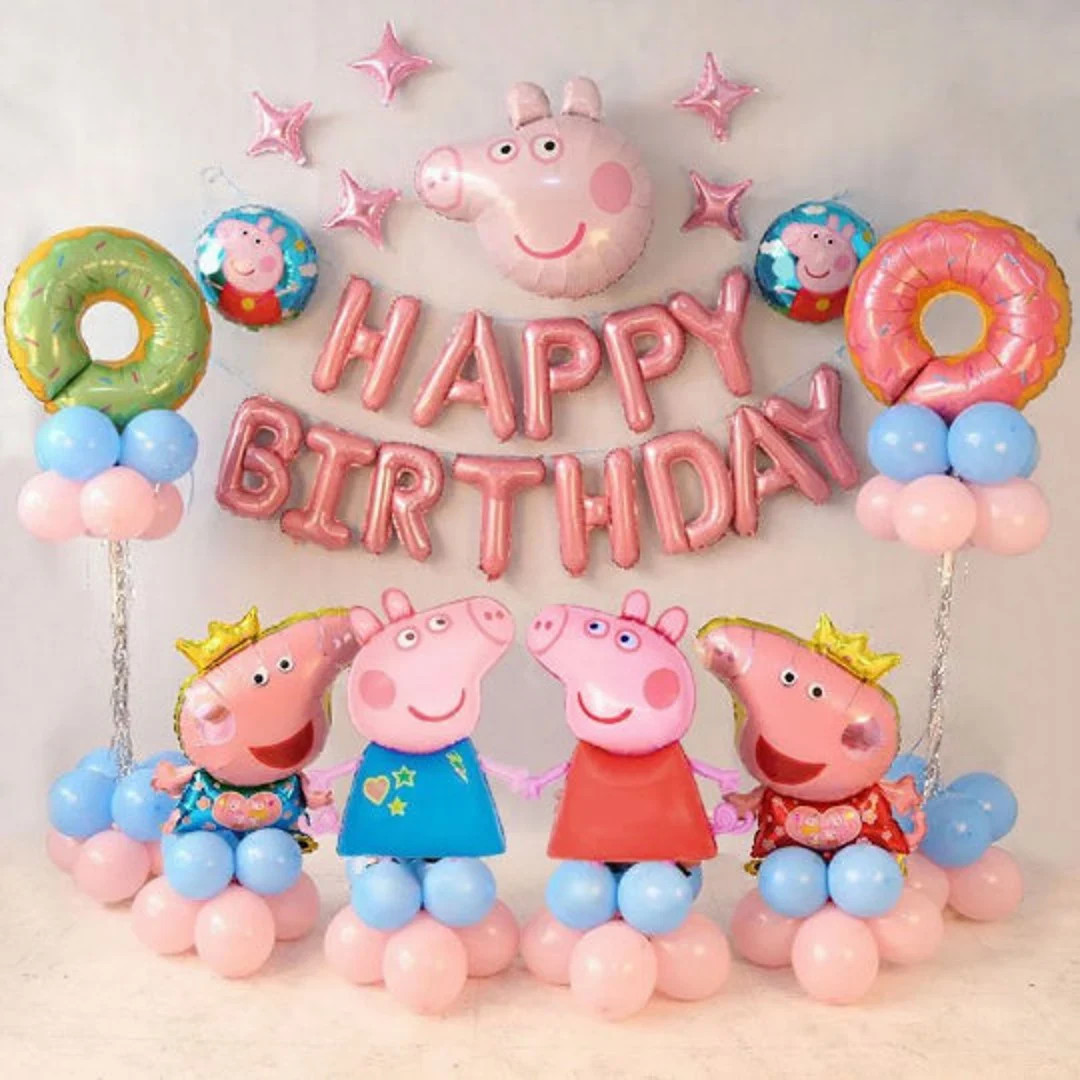 Peppa Pig theme Birthday decorations, Peppa Pig Birthday Party Balloon Set, foil doughnuts prince... | Etsy (US)