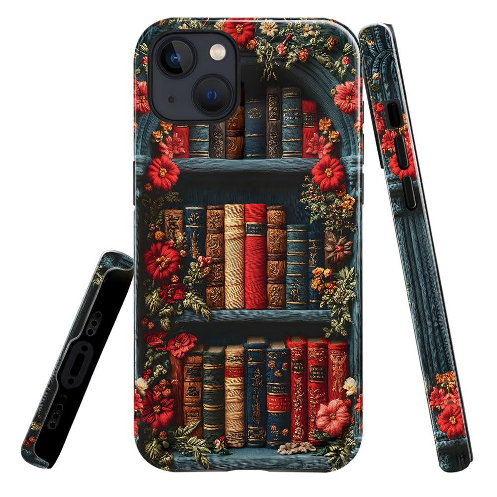 Case for iPhone 14,‌Lustrous 2-Layer Durable Case for Girl Women,Bookshelf Floral Embroidery Li... | Amazon (US)