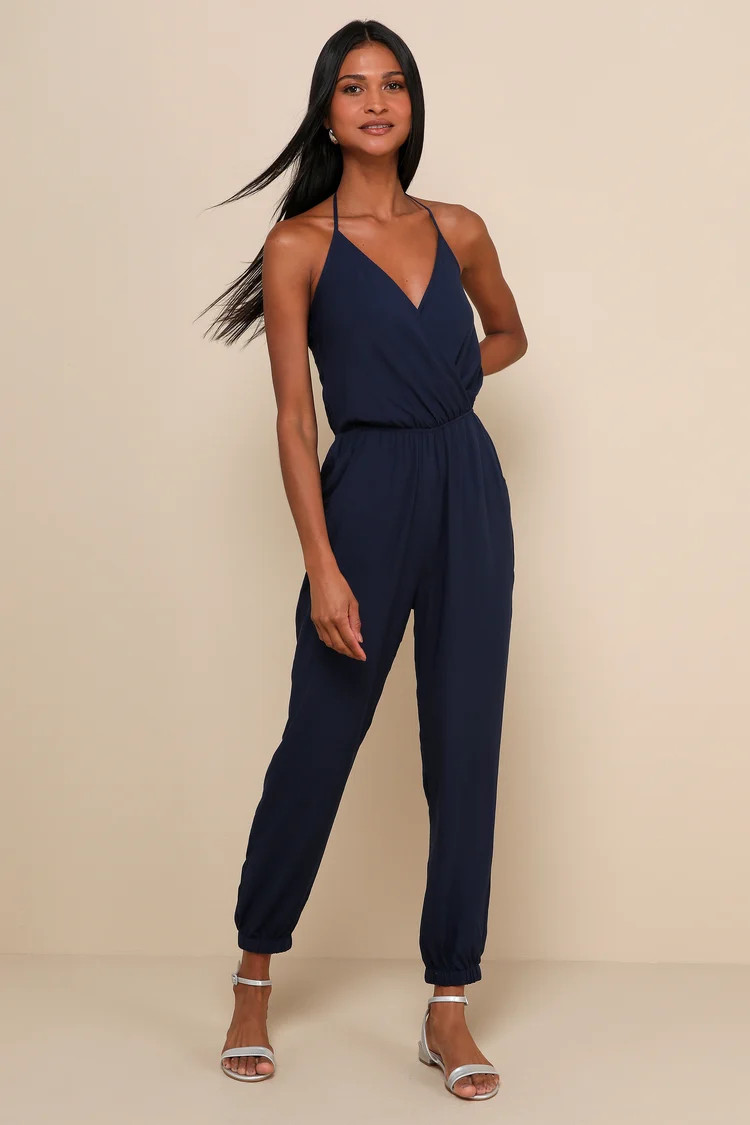 Learning to Fly Navy Blue Halter Jumpsuit | Lulus