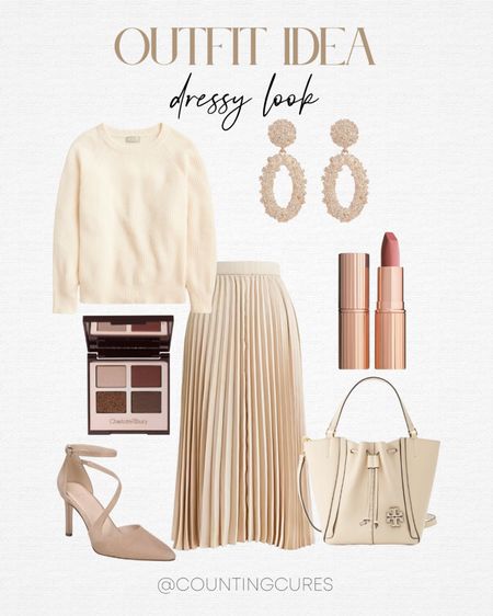 Here is a dressy outfit idea for you! A cream-colored pleated skirt and sweater, paired with light colored heels and a bag!
#styleinspo #beautypicks #neutralaesthetic #fashionfinds

#LTKstyletip #LTKbeauty #LTKshoecrush