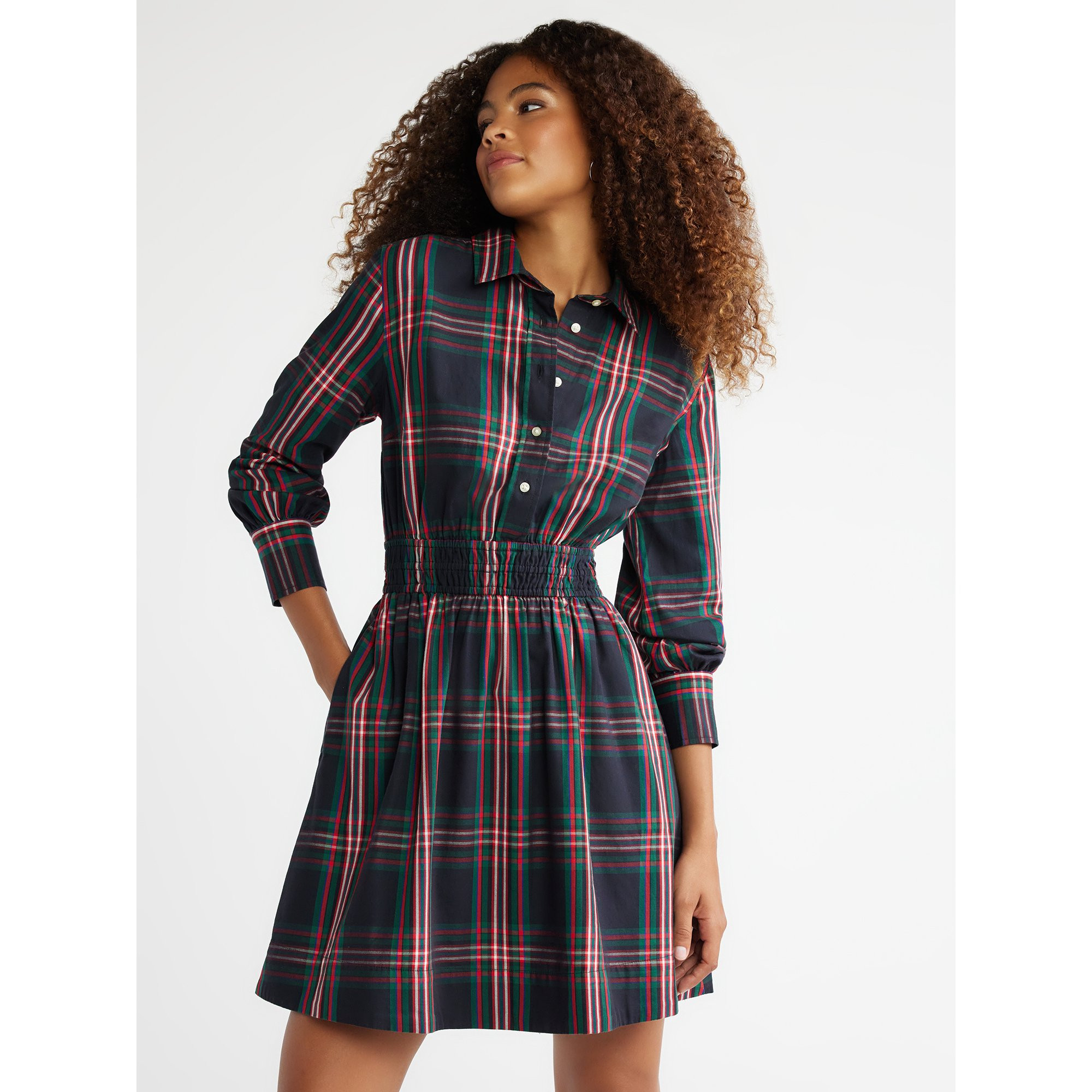 Free Assembly Women's Smocked Waist Mini Shirt Dress with Long Sleeves, XS-XXXL | Walmart (US)