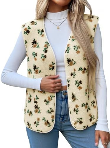 Cicy Bell Womens Fuzzy Fleece Vest Fall Floral Sleeveless Sherpa Jacket Lightweight Button Down W... | Amazon (US)