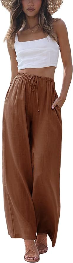 Bianstore Women's Cotton Linen Palazzo Pants Flowy Wide Leg Elastic Waist Summer Beach Pants Trou... | Amazon (US)