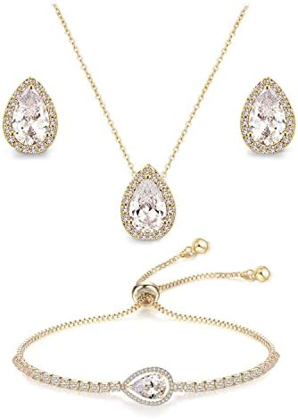 UDYLGOON CZ Tearsdrop Earrings Necklace Bracelet Jewelry Set For Bride Bridesmaids Bridal Wedding... | Amazon (US)