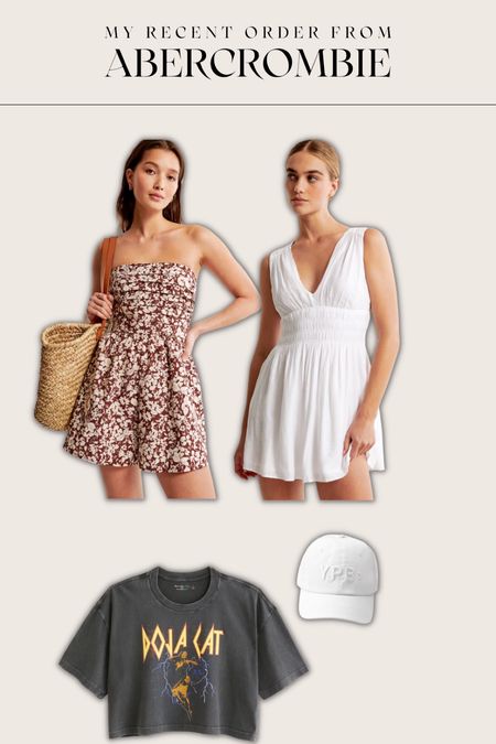 Recent Abercrombie order for summer
Floral romper in size medium
White mini dress in small/tall
Doja cat cropped graphic tee in medium
White hat

#LTKstyletip #LTKSeasonal