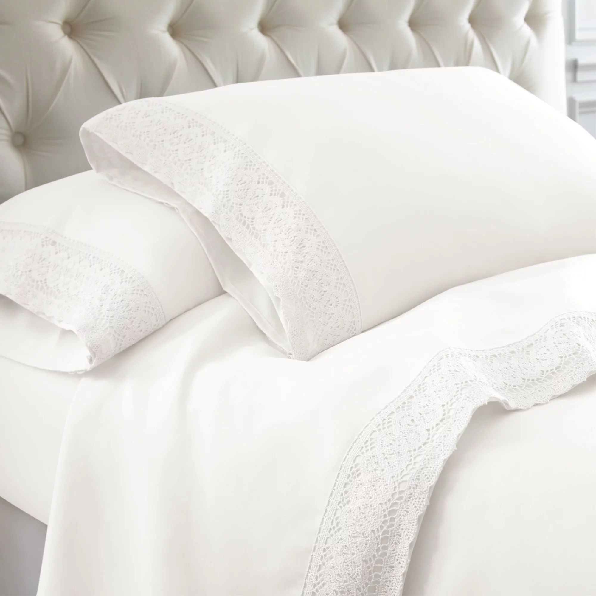 Udine 4 Piece Queen Size Microfiber Sheet Set with Crochet Lace The Urban Port, White | Walmart (US)