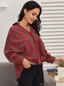 SHEIN Drop Shoulder Curved Hem Tartan Oversize Blouse | SHEIN