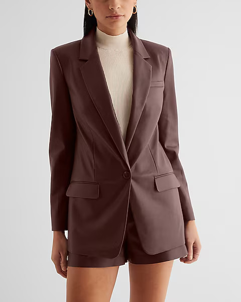 Faux Leather One Button Cinched Boyfriend Blazer | Express