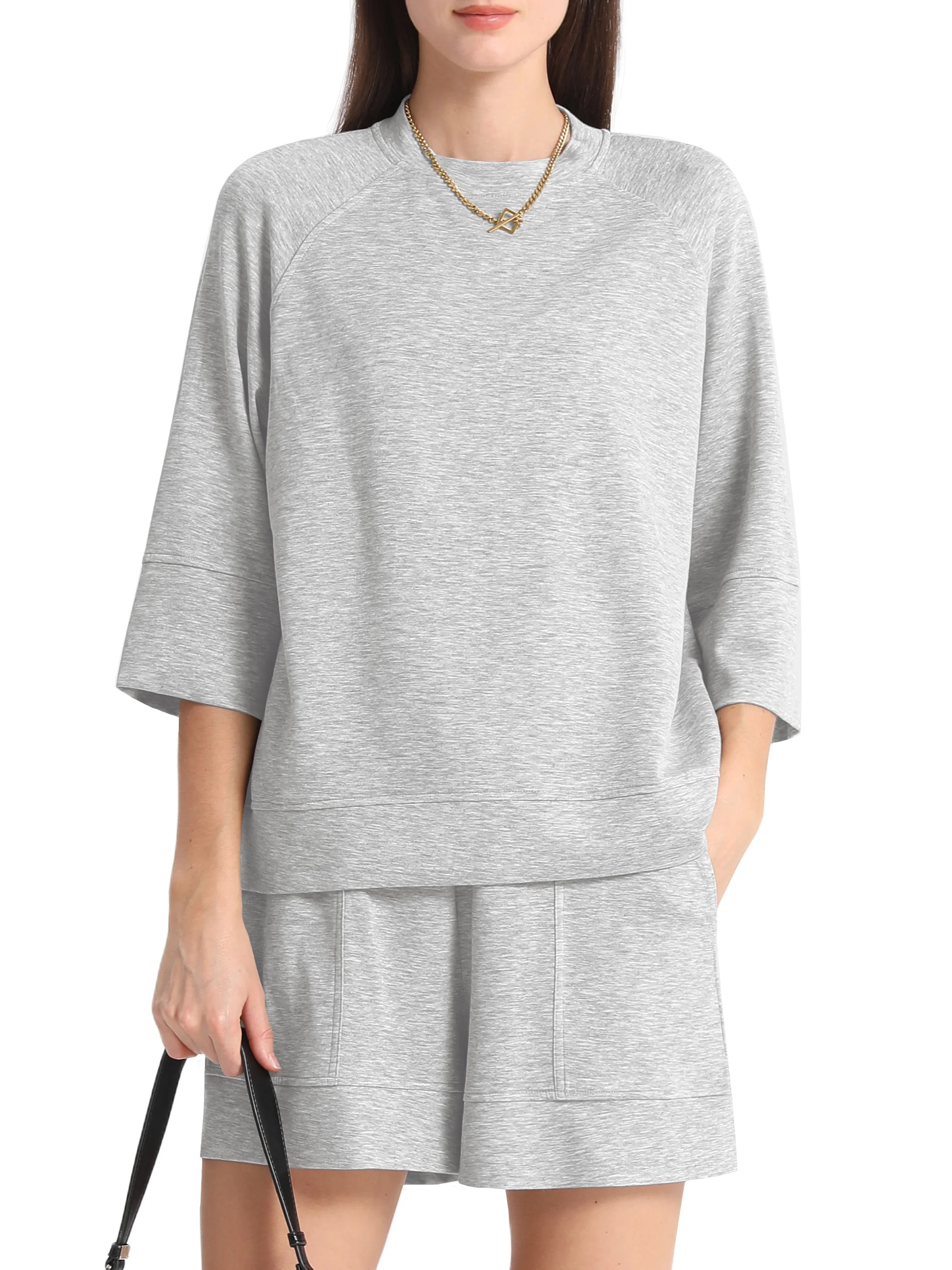 MINTREUS Women's Mock Neck Lounge Set 3/4 Sleeve Tops and Elastic Waist Shorts Cozy Loungewear Sw... | Walmart (US)