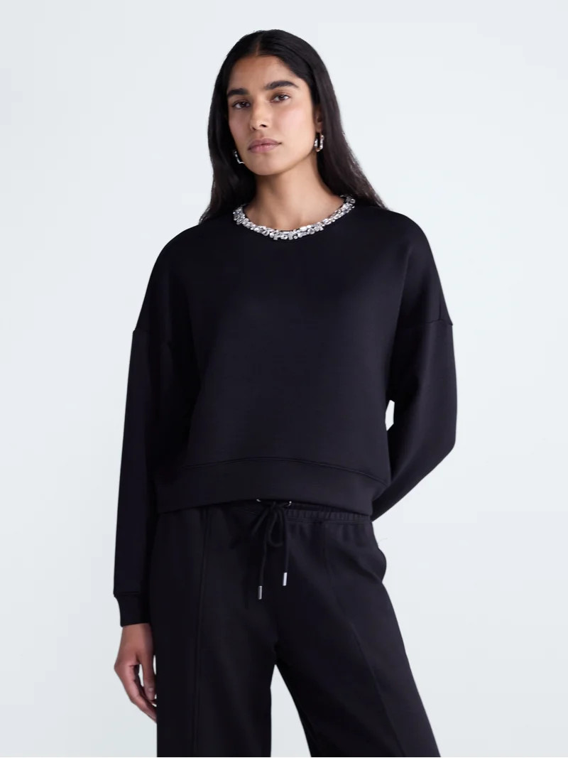 Scoop Women's and Women's Plus Scubaknit Embellished Sweatshirt, Sizes XS-4X | Walmart (US)