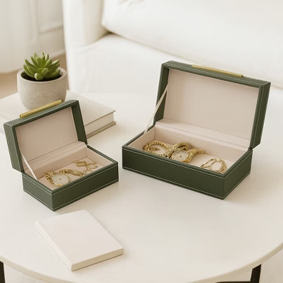 Decorative Faux Leather Boxes with Stitched Edge for House Decor - Storage Boxes for Jewelry, Keepsake, or Shelf Decor -Set of 2, 4", 3", Green & Gold | Target