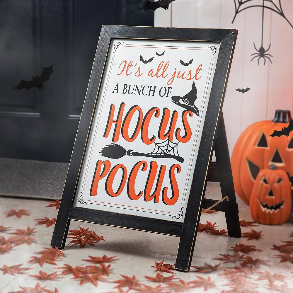 Glitzhome Decorative Halloween A-Frame Free Standing Sign Slide in Wood Hocus Pocus Sign Welcome Sig | Amazon (US)