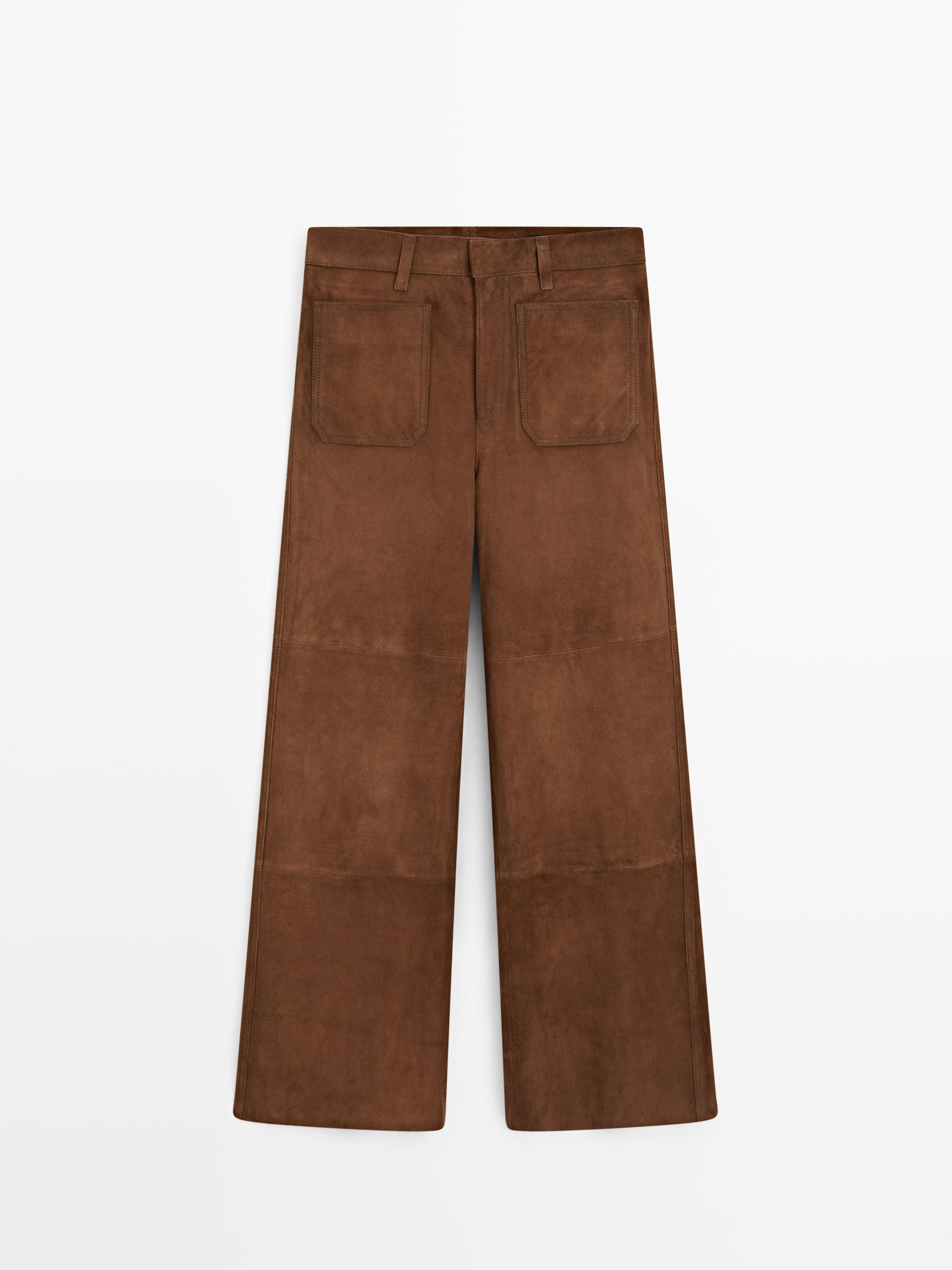 Suede leather wide-leg trousers with pockets | Massimo Dutti UK