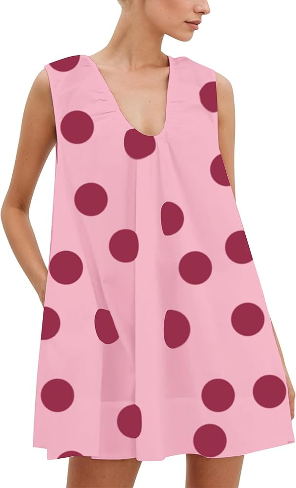 Women Polka Dot Babydoll Mini Dress Summer Sleeveless Scoop Neck Ruched Short Dresses Party Tank ... | Amazon (US)