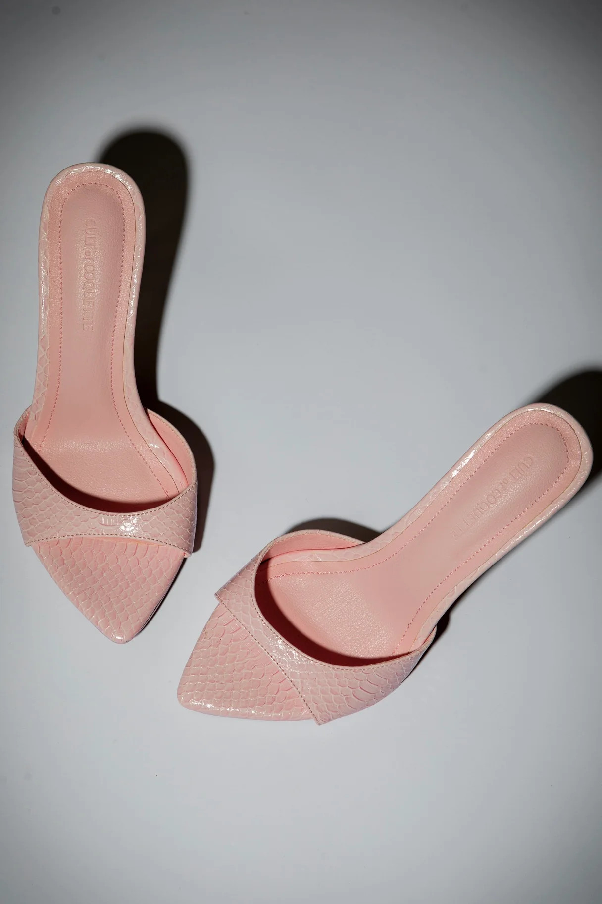 Gia Powder Pink Reptile Vegan Mules 80 mm | CULT OF COQUETTE