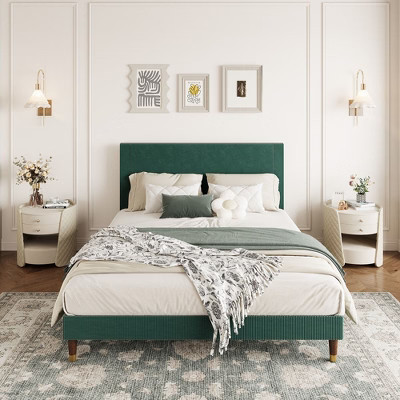 Coucheta Full Bed Frame with Upholstered Headboard, Dark Green  Corduroy Upholstered Platform Bed, Wooden Slats, No Box Spring Needed, Noise Free | Target