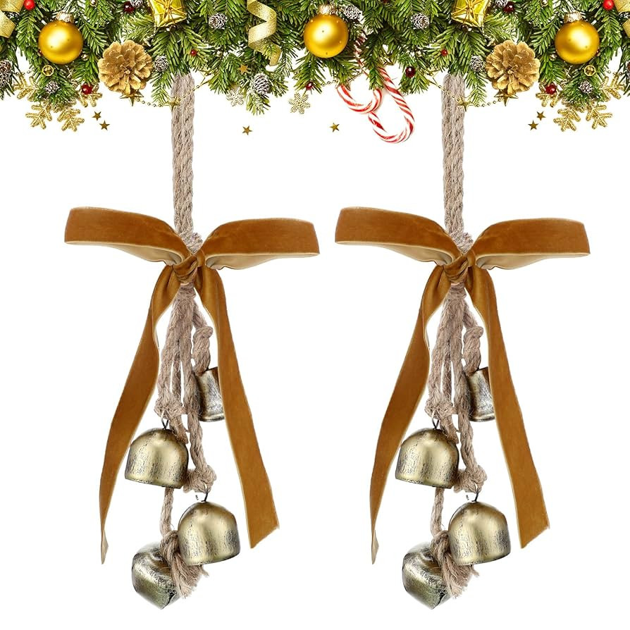 2 Pcs Christmas Cow Bells with Bow Tranquil Wind Metal Bells with Jute Hanging Rope Rustic Gold O... | Amazon (US)
