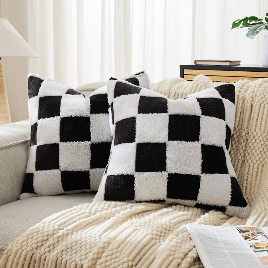 Ohocut Checkered Jacquard Shag Throw Pillow Covers, Pack of 2 Fluffy Black White Cute Decorative ... | Amazon (US)