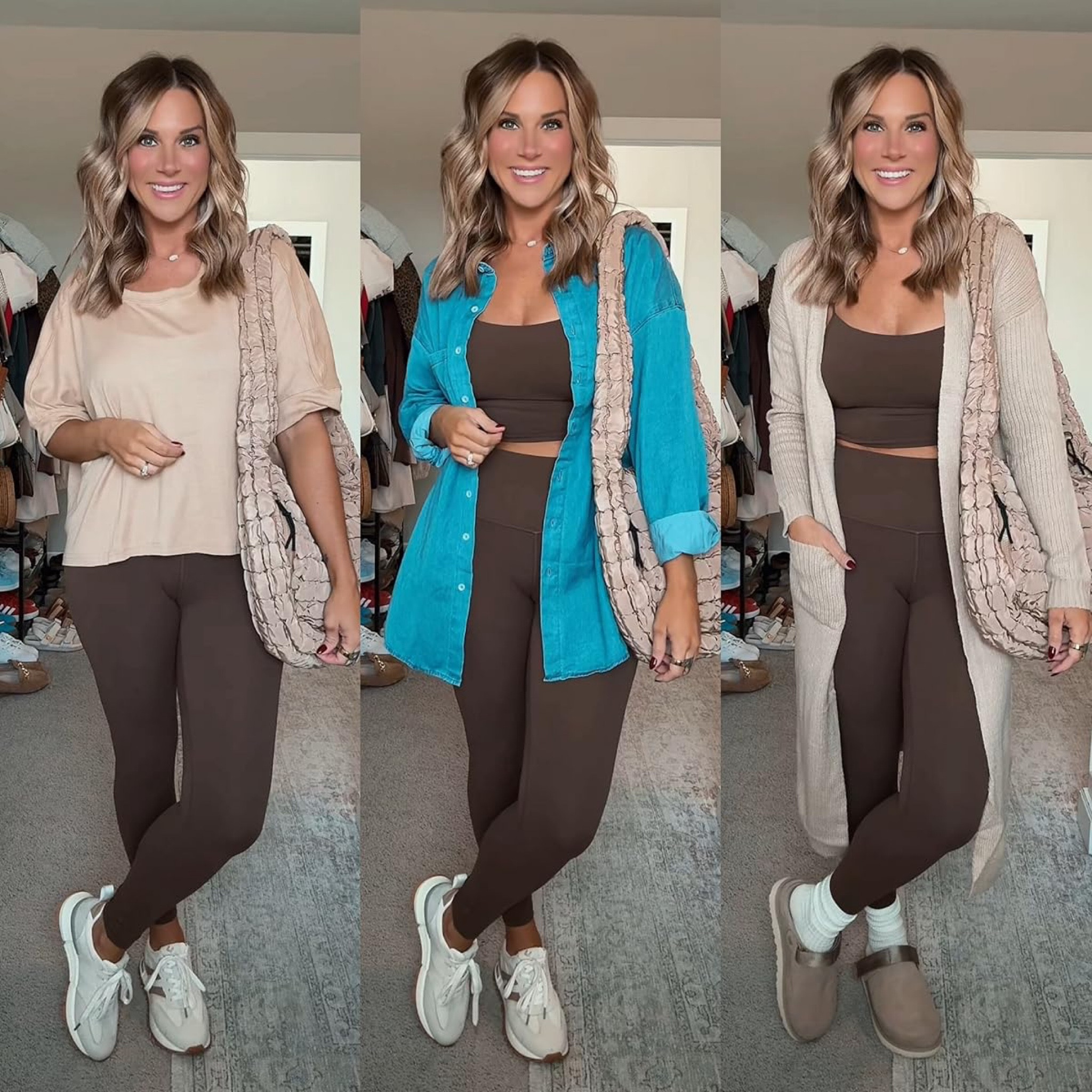 Styling my fave athleisure brand 3 ways for fall! Obsessed with this cocoa matching set, paired with a denim button-down, cropped tan tea and cozy duster cardigan. Which look is your fave? 

I am 5’6 147 lbs wearing size small leggings, 34C bust wearing size medium top, medium denim shirt, small cardigan, small tshirt. Shoes fit true to size. 

#LTKStyleTip #LTKSeasonal #LTKFitness