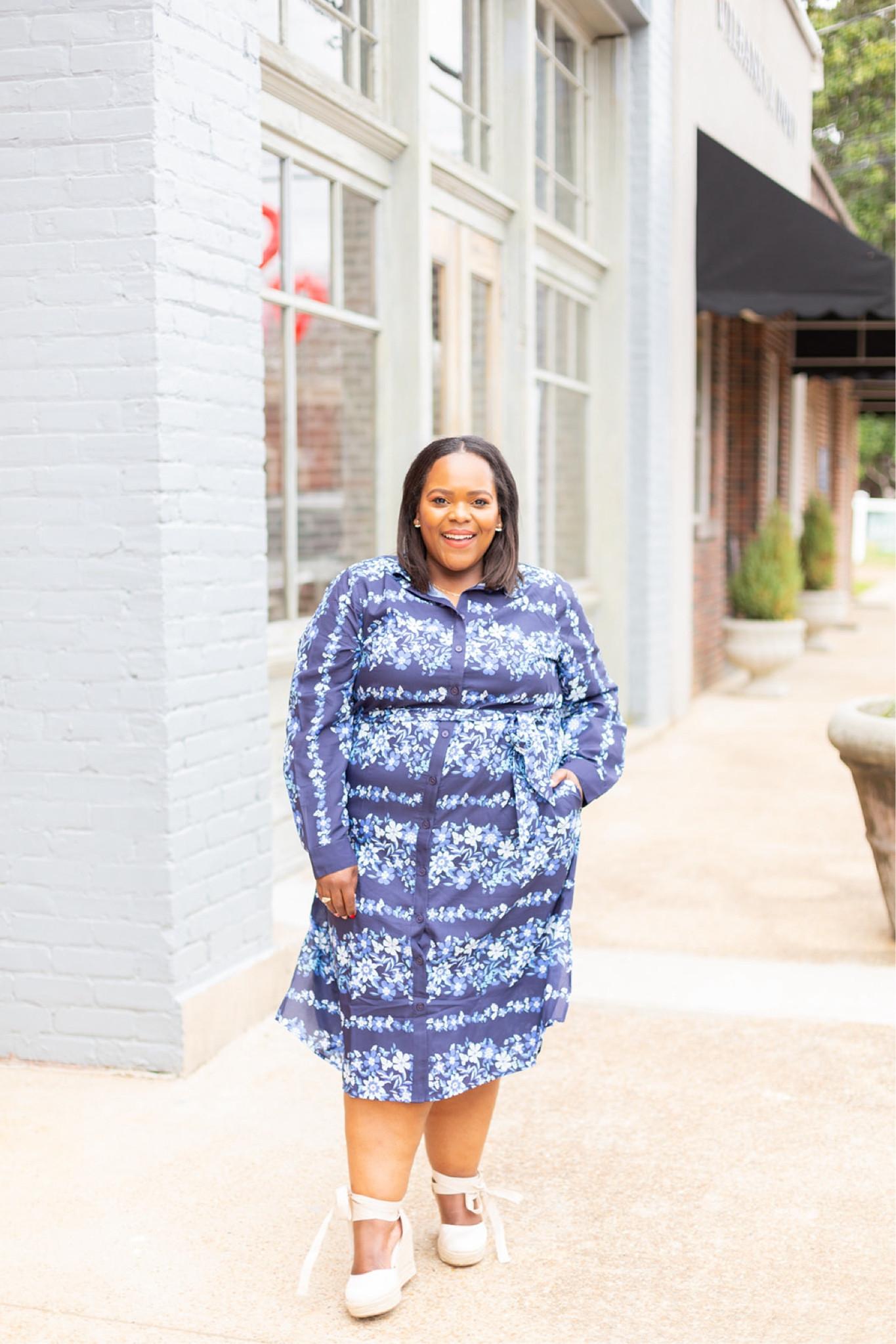 Lane Bryant midi blue printed shirtdress wearing the size 16. 

#LTKstyletip #LTKplussize #LTKworkwear