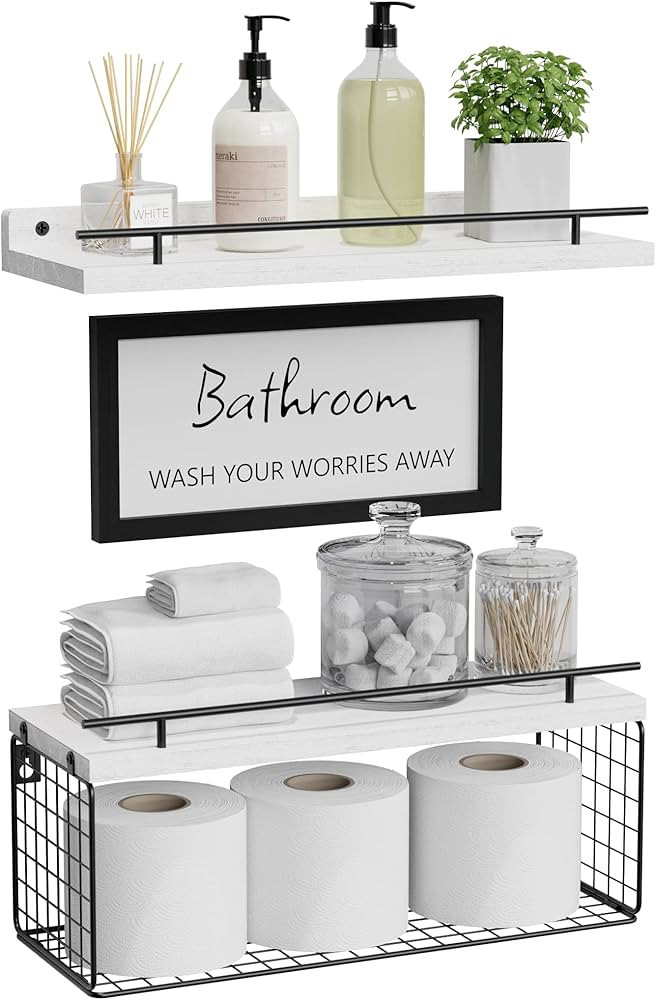 WOPITUES Floating Shelves with Bathroom Wall Décor Sign, Bathroom Shelf over Toilet with Storage... | Amazon (US)