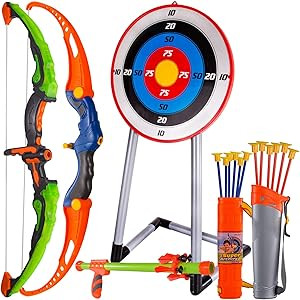 Bow and Arrow for Kids, Archery Toy Set, 2 Bows & 1 Blowing Bow & 12 Arrows & 5 Quivers & Standin... | Amazon (US)