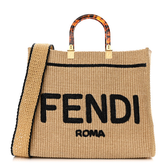Straw Vitello King Plexiglass Woven Medium Fendi Sunshine Shopper Tote Natural Black | FASHIONPHILE (US)