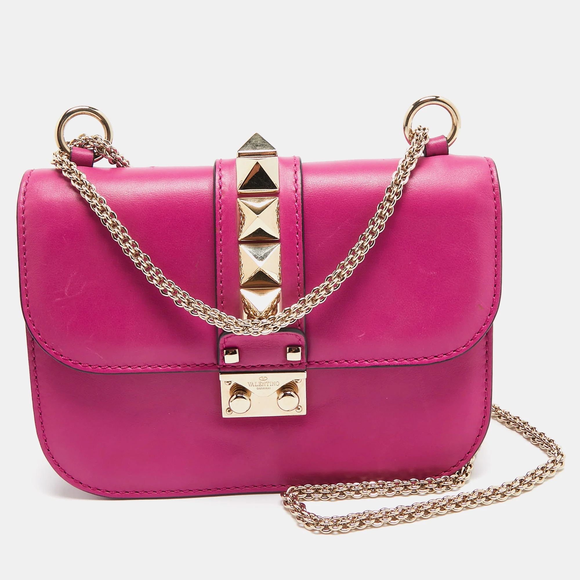 Valentino Fuchsia Leather Small Rockstud Glam Lock Flap Bag | Shop Simon