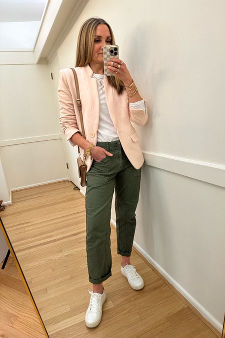 Spring outfit today! Gibsonlook pink blazer, Anthropologie olive pants, rag & bone white long sleeve tee, white sneakers, Nisolo crossbody, business casual, everyday outfit, travel outfit 

#LTKfindsunder100 #LTKover40 #LTKstyletip