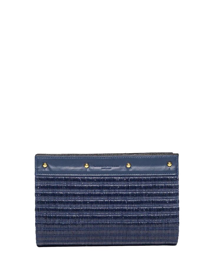 Lizzie Reversible Black Croc Leather Reversing Navy Woven Raffia Clutch Cover | CARRIE DUNHAM