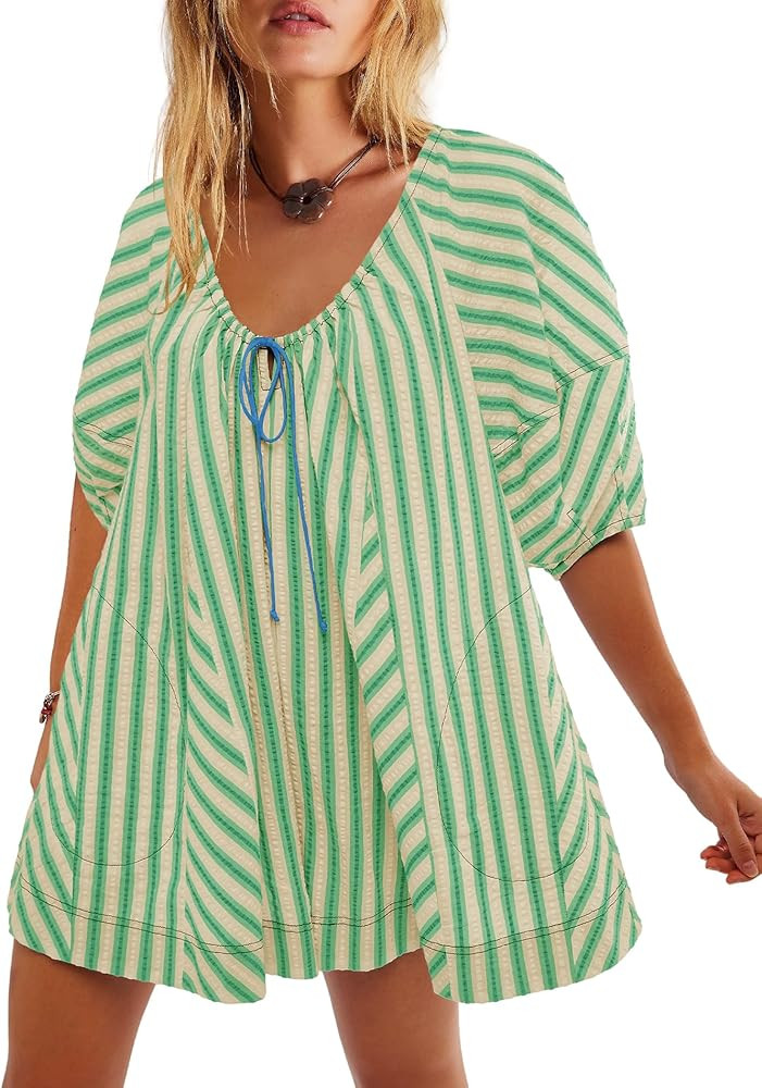 Yanekop Womens Romper Dress with Shorts Striped Romper Overall Oversized Short Jumpsuit V Neck Pu... | Amazon (US)