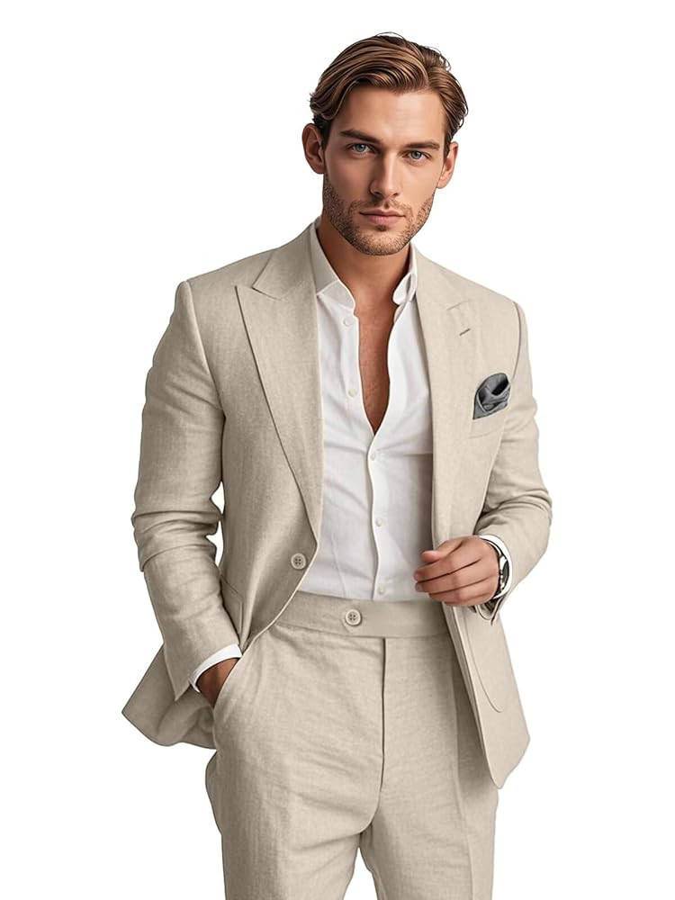 Mens Linen Suit 2 Piece Summer Casual Business Slim Fit Blazer Set for Beach Weddings Parties Tux... | Amazon (US)