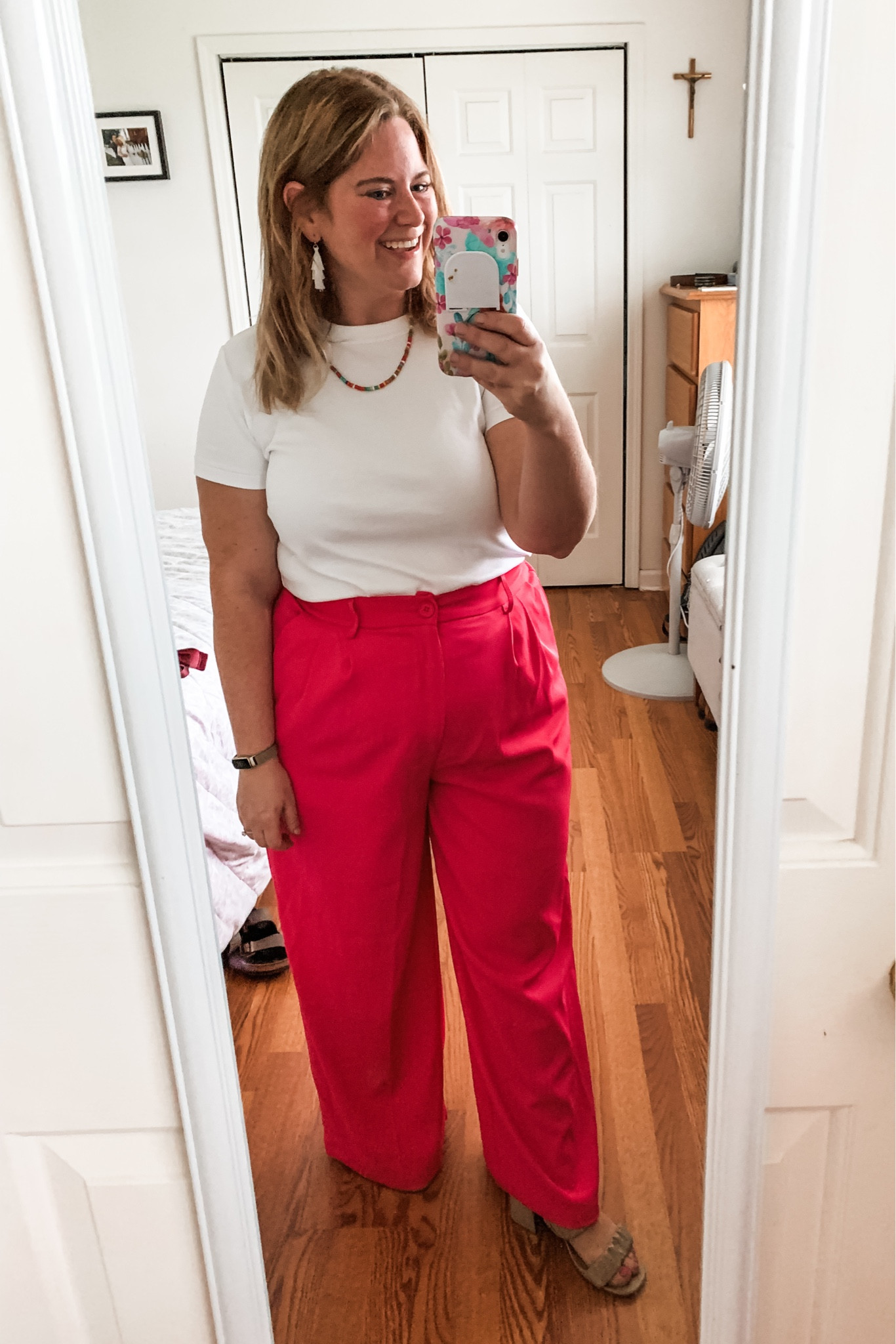 These pink trousers are so fun! Paired them with a plain white tee for my teacher outfit today, with a rainbow necklace and tassel earrings.  Wearing an XL in pants and a large in tee.  

#LTKMidsize #LTKFindsUnder50 #LTKWorkwear