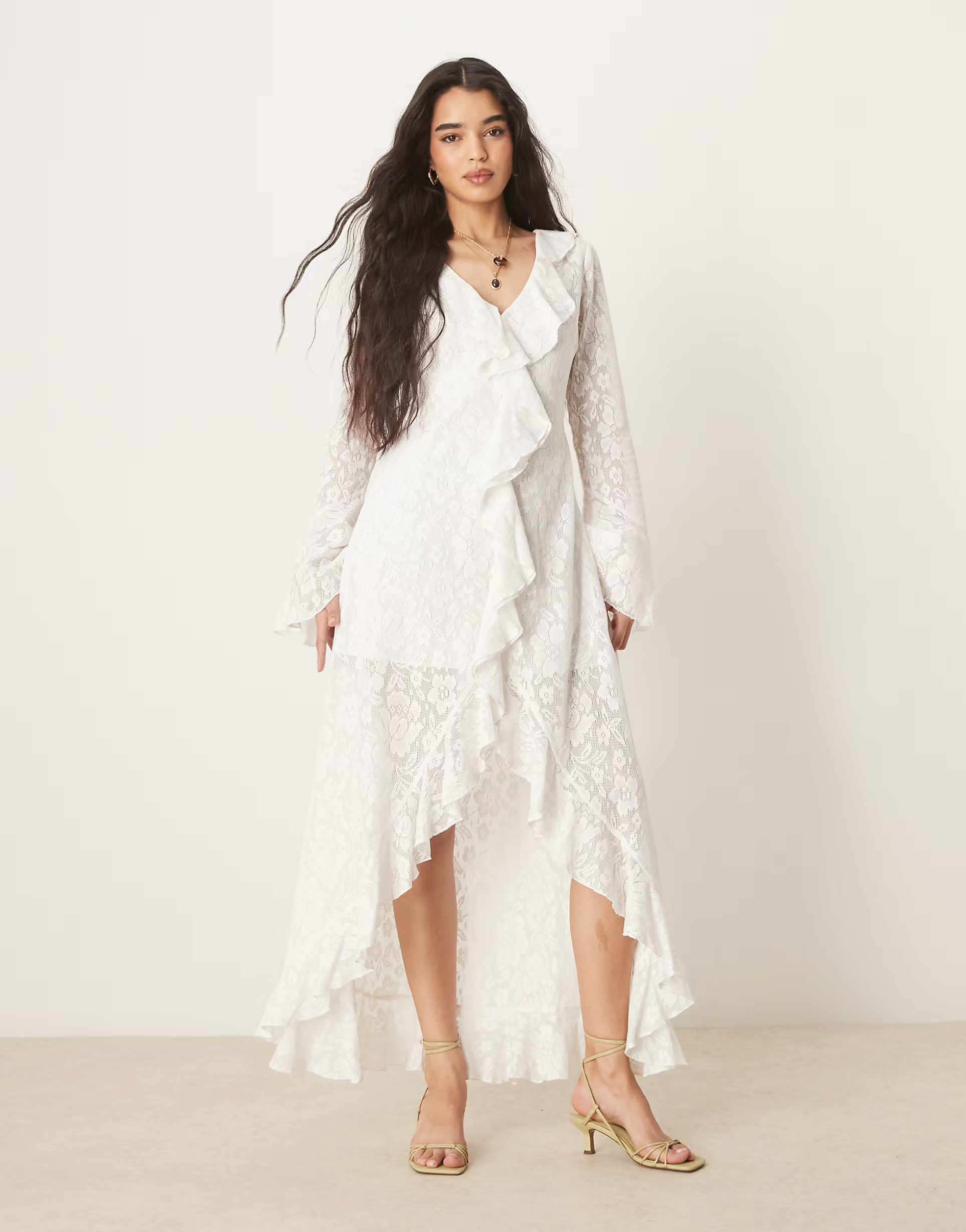 ASOS DESIGN crochet lace long sleeve frill maxi dress with high low hem in white | ASOS (Global)